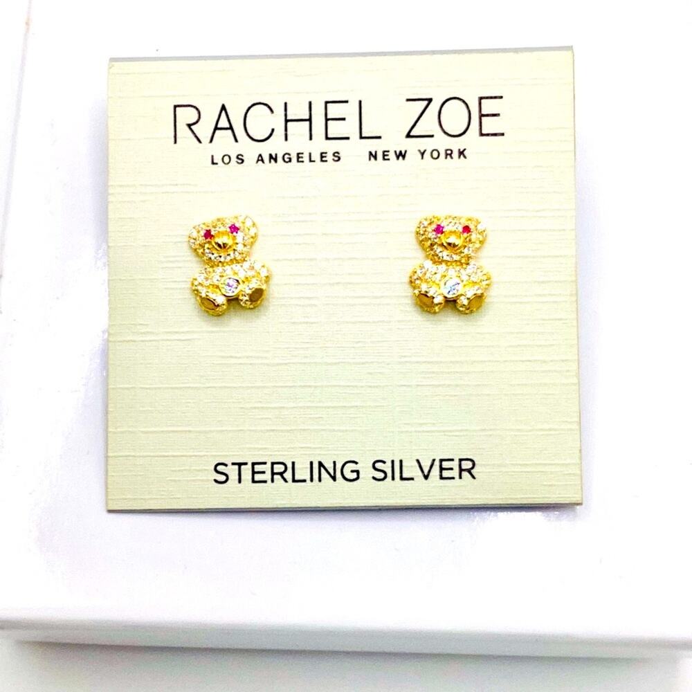 Rachel Zoe Gold and Red Eyed Bear Sterling Silver Earrings with CZ crystals